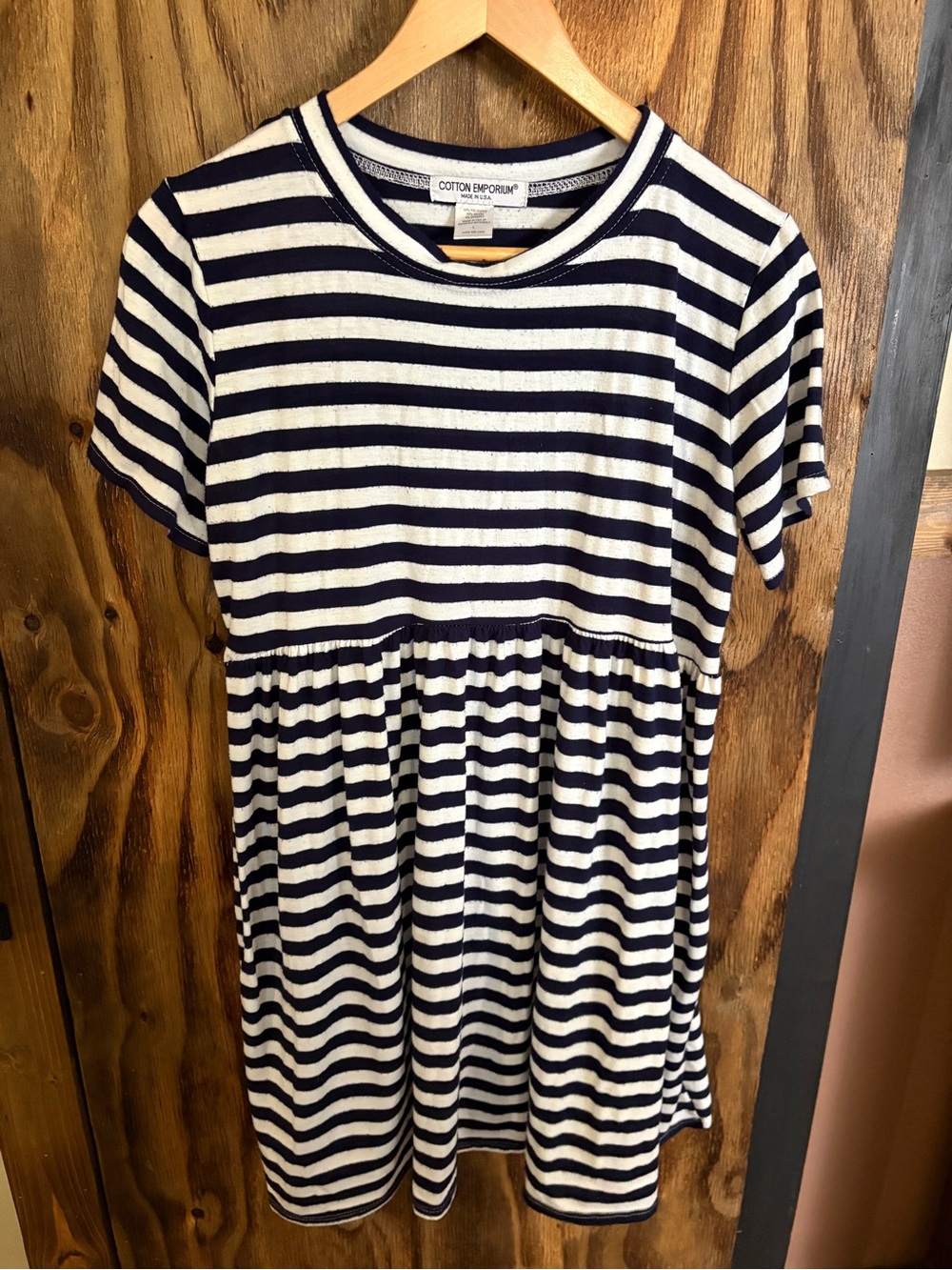 Cotton Emporium Navy & White Striped Midi Dress with Gathered Waist